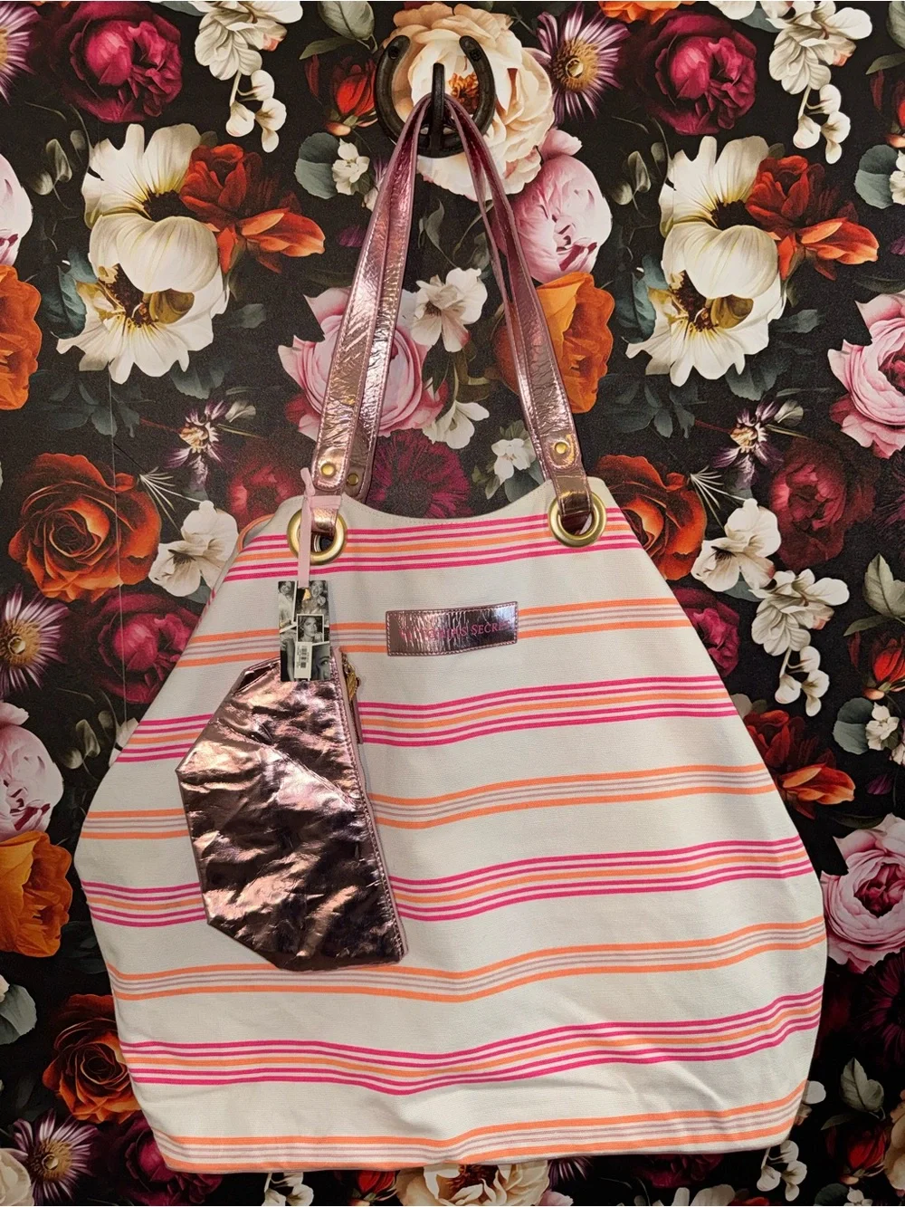 NWT RARE Vintage Oversized Victoria's Secret Pink & Orange Striped Canvas Tote